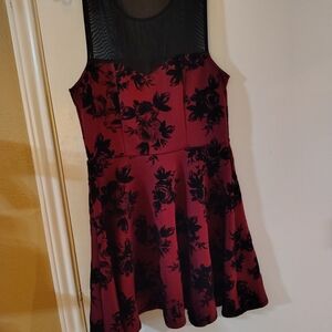 Burgundy Floral Fit-and-Flare Dress with Black Velvet Print
